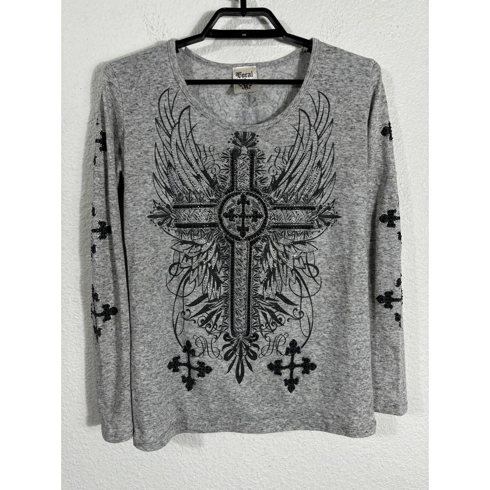 Vocal Shirt Womens Medium Gray Cross Winged Rocker Long Sleeve Rhinestone USA